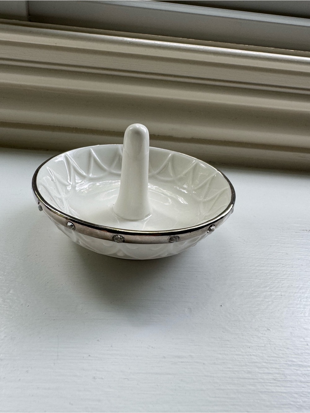 Lenox White Ceramic Ring Holder Dish with Silver Trim and Rhinestone Accents